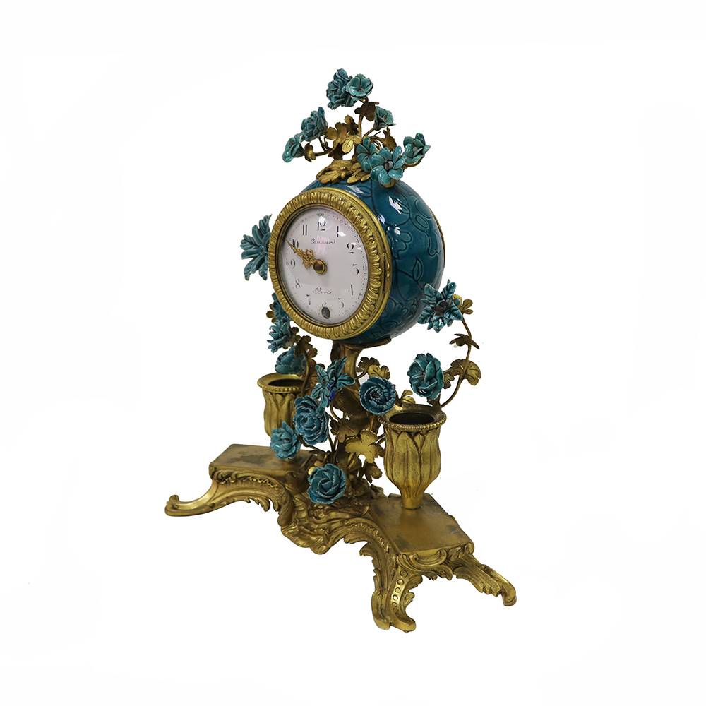 Antiqium Ürün  BRONZ, PORSELEN ÇİÇEK DETAYLI MASA SAATİ