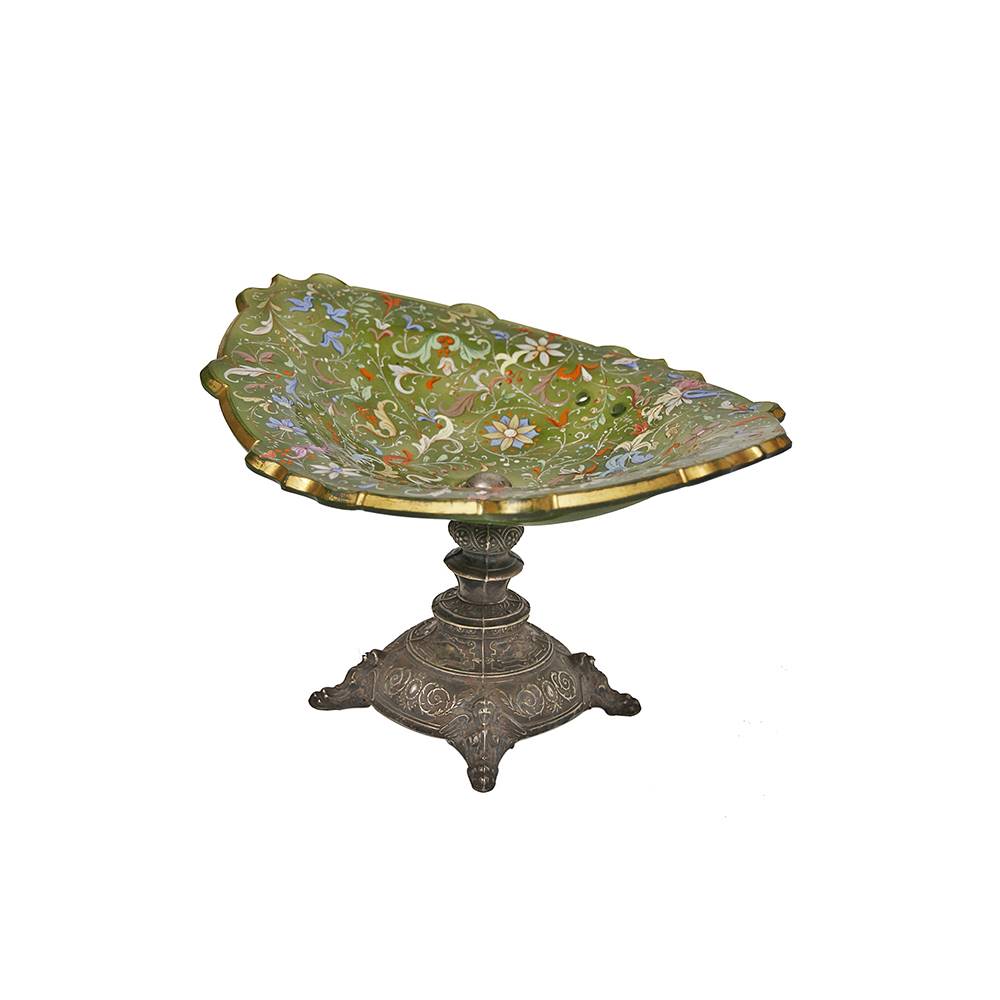 Antiqium Ürün  BRONZ AYAKLI YEŞİL ÇİÇEKLİ CAM JARDİNYER